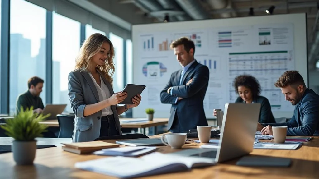 Bureau moderne illustrant la classification et les enjeux des entreprises privées avec des entrepreneurs en activité