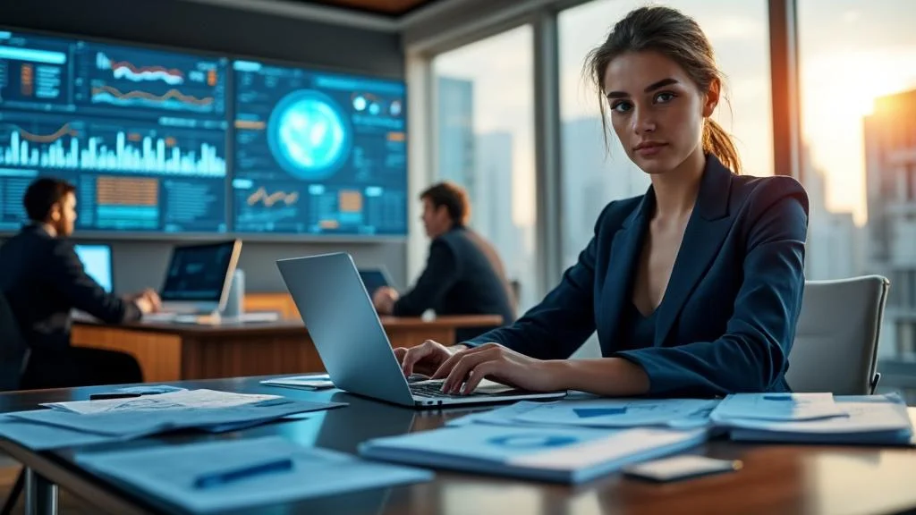 Candidat concentré préparant le concours inspecteur des finances publiques dans un bureau moderne et lumineux