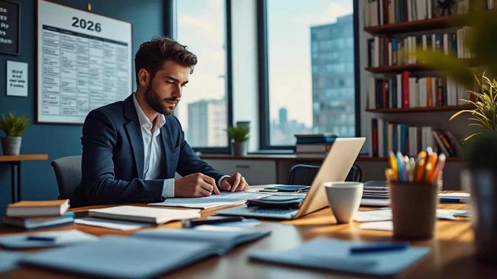 Candidat concentré préparant le concours inspecteur des finances publiques avec planning et manuels