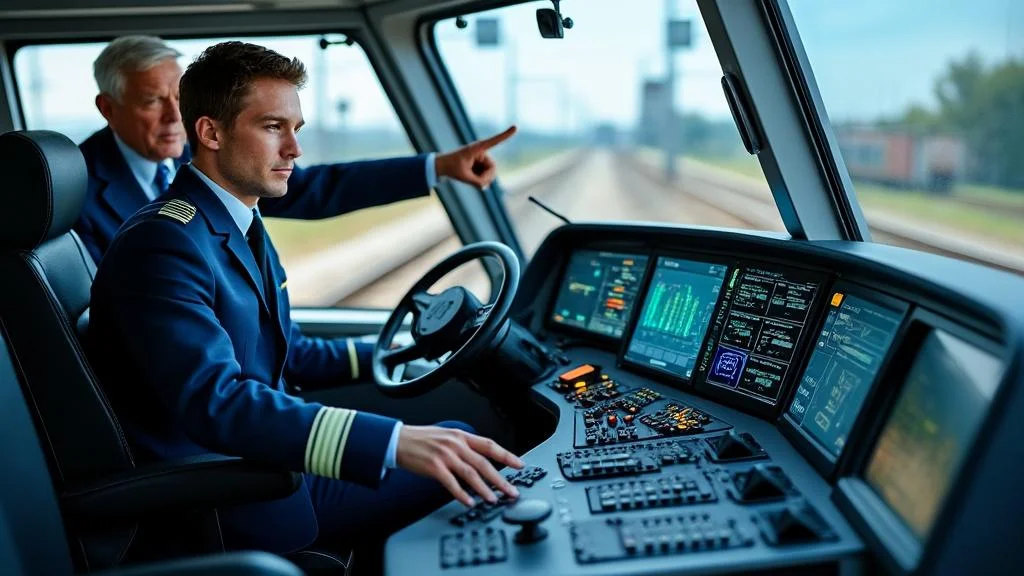 Conducteur de train en formation dans cabine moderne, apprentissage des techniques et sécurité ferroviaire