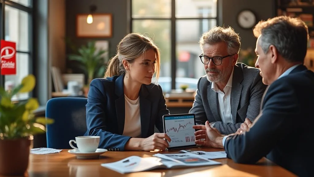 Conseiller La Poste expliquant l'assurance vie à un couple en agence, ambiance chaleureuse et professionnelle