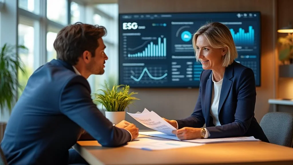 Conseiller La Poste expliquant l’assurance vie responsable avec critères ESG à un jeune couple en agence