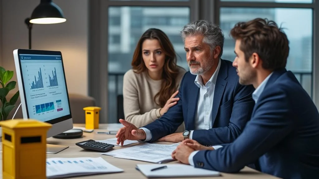 Conseiller financier La Poste expliquant l'assurance vie face à un couple inquiet en bureau moderne