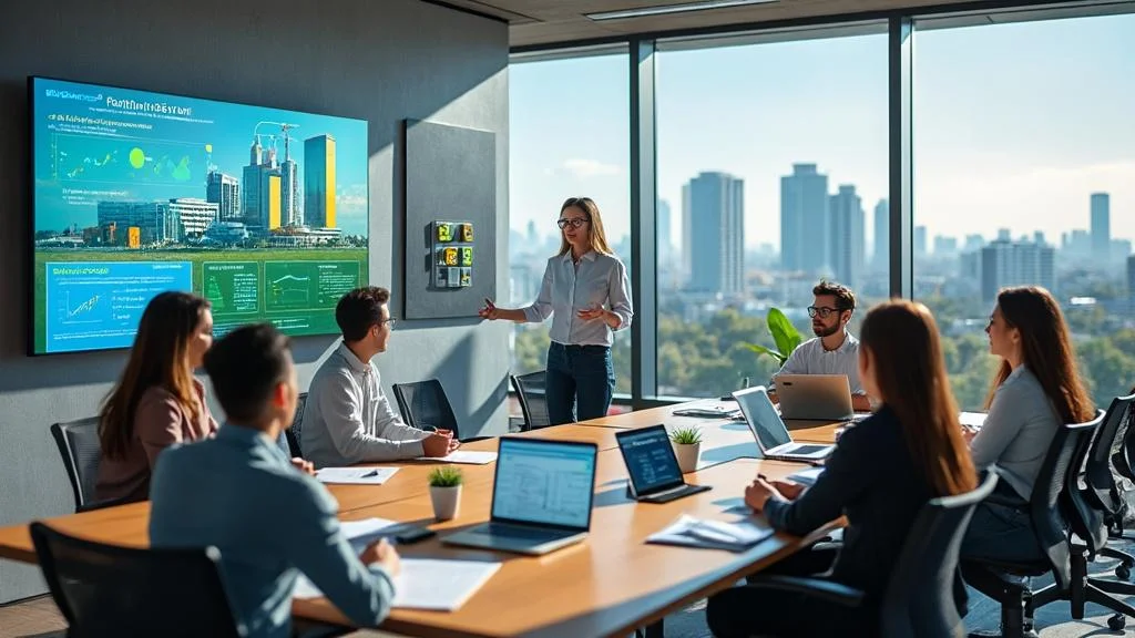 Formation audit énergétique en salle moderne avec participants utilisant logiciels et outils numériques