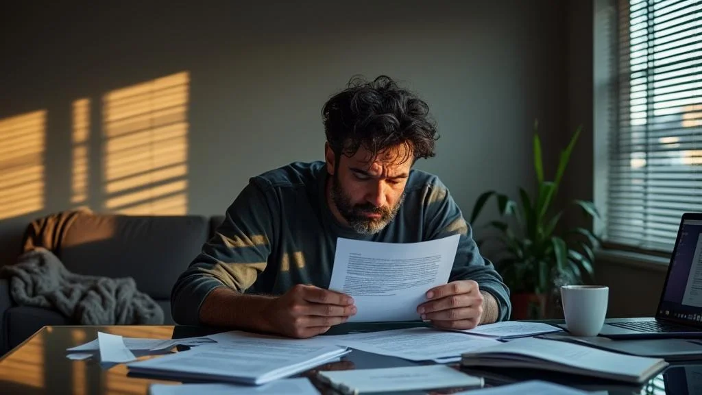 Homme inquiet face à des documents d’assurance prêt immobilier durant un arrêt maladie pour dépression