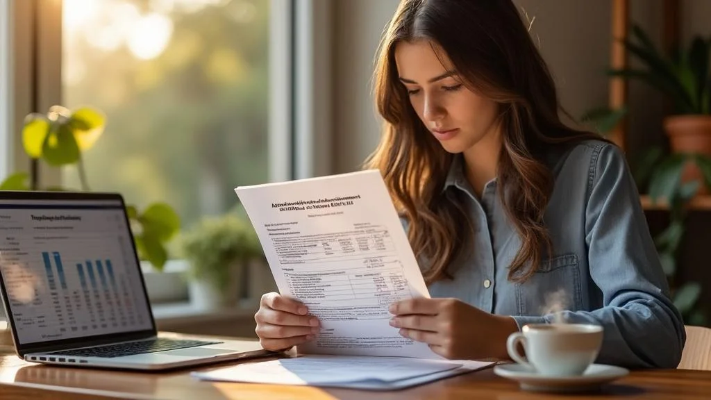 Personne examinant une attestation de rattachement au foyer fiscal dans un bureau lumineux, document clé pour prêts et aides