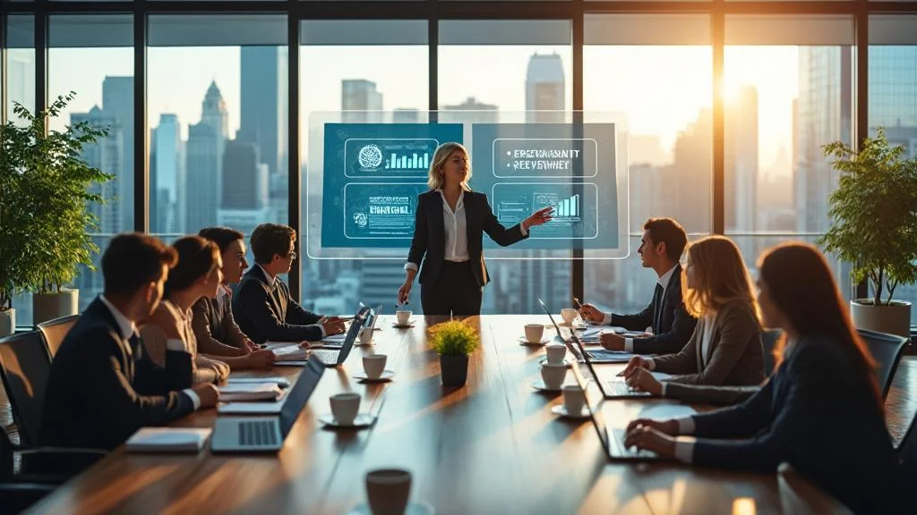 Salle de réunion moderne illustrant la finalité d'une entreprise intégrant responsabilité sociétale et objectifs durables